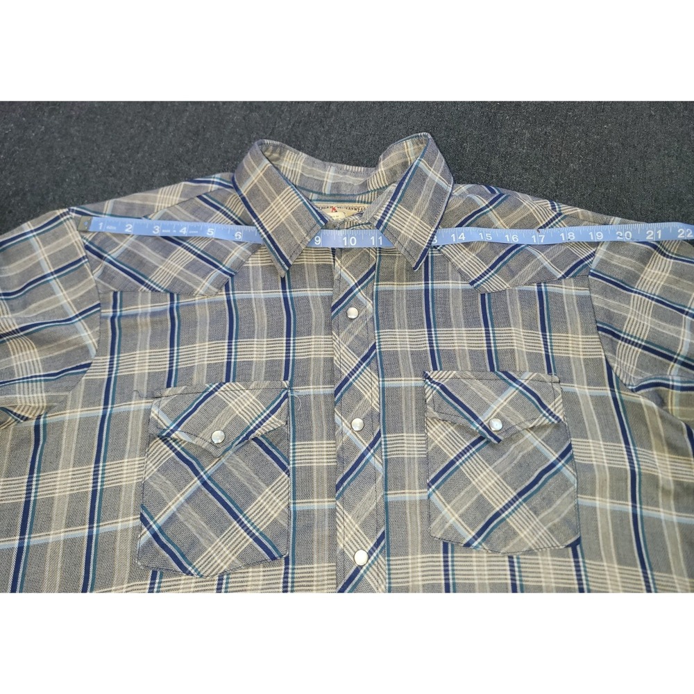 Vintage 70s Rancher Western Wear Mens Button Up Blue Plaid Pearl Snap Size L USA - Picture 8 of 13